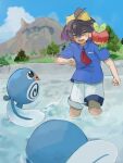  1boy applin black_hair blue_shirt blush cloud collared_shirt commentary_request crossed_bangs day hair_between_eyes hairband highres kieran_(pokemon) lucria male_focus mole mole_on_neck mountain on_shoulder open_mouth outdoors pokemon pokemon_(creature) pokemon_on_shoulder pokemon_sv poliwag purple_hair shirt short_sleeves shorts sky tree twitter_username water yellow_eyes yellow_hairband 