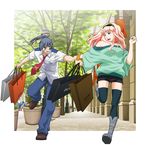  1girl blonde_hair blue_hair boots couple dating hetero lapis long_hair macross macross_frontier necktie running saotome_alto sheryl_nome shopping thighhighs 