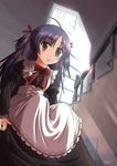  ahoge apron bad_id bad_pixiv_id blush bow bowtie brown_eyes copyright_request dutch_angle long_sleeves looking_at_viewer looking_back morujii purple_hair red_bow red_neckwear sitting solo stairs window 