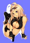  23_(real_xxiii) :o ahoge_girl_(23) arm_support bare_arms bare_legs bare_shoulders black_footwear black_shirt blonde_hair blue_eyes blush boots breasts buckle center_opening cleavage combat_boots commentary_request covered_nipples cross-laced_footwear eyewear_on_head fingerless_gloves full_body glock gloves gold_trim gun handgun head_tilt highres holster lace-up_boots large_breasts lavender_background leather leather_boots leather_gloves legs lips long_hair looking_at_viewer no_bra open_mouth original pistol shadow shiny shiny_clothes shiny_skin shirt shoe_soles short_shorts shorts simple_background sleeveless sleeveless_shirt solo sunglasses thigh_holster thigh_strap trigger_discipline unzipped weapon white_shorts wing_collar zipper zipper_pull_tab 