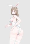  1girl animal_ear_hairband animal_ears ass breasts brown_eyes brown_hair commentary_request fake_animal_ears from_behind girls_und_panzer grey_background hairband highres leotard long_hair looking_back osage_gankyou playboy_bunny rabbit_ear_hairband rabbit_ears rabbit_tail shimada_chiyo simple_background solo strapless strapless_leotard tail thighhighs white_leotard white_thighhighs 