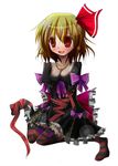  blonde_hair gothic_lolita hair_ribbon kanchikinps lolita_fashion red_eyes ribbon rumia solo striped striped_legwear thighhighs touhou 