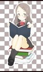  black_legwear blush book book_stack bow bowtie checkered checkered_background glasses grey_eyes grey_hair hair_ornament hairclip letterboxed long_hair original oza_watto sitting skirt socks solo 