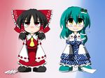  ascot blue_skirt brown_eyes brown_hair chibi detached_sleeves expressionless frog_hair_ornament full_body gohei green_hair hair_ornament hakurei_reimu kieyza kochiya_sanae long_sleeves looking_at_viewer mary_janes multiple_girls nontraditional_miko shoes skirt standing touhou vest 