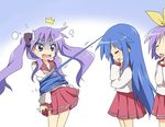  3girls =_= ahoge bad_id bad_pixiv_id bdsm bondage bound hiiragi_kagami hiiragi_tsukasa izumi_konata lucky_star maruki_(punchiki) mole mole_under_eye multiple_girls parody prehensile_hair purple_hair ryouou_school_uniform school_uniform serafuku sweatdrop you_gonna_get_raped yuri 