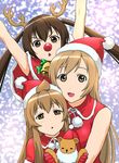  ahoge brown_eyes brown_hair christmas fujioka-kuma hat minami-ke minami_chiaki minami_haruka minami_kana multiple_girls santa_costume santa_hat siblings sisters ueyama_michirou 