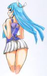  bangs blue_hair blunt_bangs kannagi kikuta looking_back nagi pleated_skirt skirt solo white_skirt 