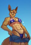 2024 anthro australia australian australian_flag bikini bottomwear breasts brown_body clothing denim denim_bottomwear denim_clothing denim_shorts eyebrow_scar eyebrows facial_scar female finfenart flag_bikini hi_res kangaroo looking_at_viewer macropod mammal marsupial muscular muscular_female pouch_(anatomy) ramona_(cosmicroo) scar shorts solo swimwear two-piece_swimsuit undressing yellow_eyes