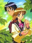  1girl 90s artist_request black_hair bow brown_eyes brown_hair dew_drop green_eyes highres jewelry kanzaki_hitomi pendant pink_bow school_uniform short_hair tenkuu_no_escaflowne van_fanel water_drop 