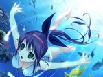  :d barefoot blue_hair breasts cleavage fish freediving game_cg green_eyes hairband large_breasts long_hair murakami_suigun open_mouth oriyama_nayuri ponytail silvery_white smile solo swimming swimsuit underwater 