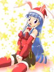  aami animal_ears bangs blue_hair blunt_bangs bunny_ears bunnysuit christmas hair_tubes hat kannagi long_hair nagi pantyhose purple_eyes santa_costume santa_hat solo thighhighs 