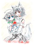  ahoge animal_ears bad_id bad_pixiv_id bare_shoulders blue_eyes detached_sleeves dog_ears dog_tail hairband hat inu_sakuya inubashiri_momiji izayoi_sakuya multiple_girls nejime red_eyes ribbon short_hair silver_hair tail tokin_hat touhou wolf_ears wolf_tail 