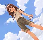  antenna_hair bottle brown_eyes brown_hair cloud copyright_request day from_below hairband long_hair shorts signature sky smile solo standing tanaka_kunihiko water_bottle 