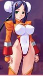  android arcana_heart armor blue_hair blush breasts bun_cover cable clenched_hands covered_nipples crop_top double_bun fang green_eyes hair_ornament hairclip highleg highleg_leotard impossible_clothes jacket large_breasts leotard long_hair lowres mei-fang mizuki_gyokuran navel official_art orange_legwear short_hair shrug_(clothing) skin_tight smile solo standing thighhighs thighs 
