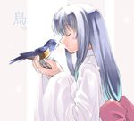  bird bird_on_hand blue_hair blush closed_eyes japanese_clothes kabocha_(monkey4) kimono long_hair original profile smile solo 