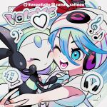  2girls absurdres aqua_eyes aqua_hair artist_name beanie blush closed_eyes closed_mouth collared_shirt cuddling green_hair hair_between_eyes hair_ribbon hat hat_ornament hatsune_miku headphones highres meloetta multicolored_hair multiple_girls musical_note musical_note_hat_ornament official_alternate_costume official_alternate_hairstyle one_eye_closed open_mouth poke_ball_print poke_ball_symbol pokemon pokemon_(creature) polo_shirt project_voltage psychic_miku_(project_voltage) ribbon shirt short_sleeves smile sunao_saito twitter_username vocaloid white_hat white_shirt 