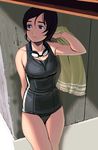  bad_id bad_pixiv_id black_hair black_school_swimsuit blue_eyes brown_hair cowboy_shot goggles leaning masao one-piece_swimsuit original school_swimsuit short_hair solo swimsuit towel 