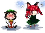  &gt;_&lt; animal_ears bad_id bad_pixiv_id braid brown_hair cat_ears cat_tail chen chibi closed_eyes crossed_arms dress earrings jewelry kaenbyou_rin multiple_girls multiple_tails obyaa red_eyes red_hair short_hair tail tears touhou twin_braids 