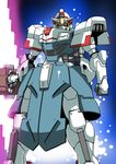  arm_at_side armor blue_eyes clenched_hand gradient gradient_background gundam highres holding light_particles looking_at_viewer mecha mechanization no_humans standing touhou tsuki_wani 