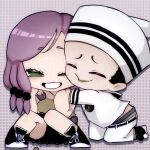  1boy 1girl belt black_belt black_hair black_shoes cheek-to-cheek chibi chibi_only closed_eyes commentary_request dixie_cup_hat flower_ornament green_eyes hair_bobbles hair_ornament hat heads_together higashikata_josuke_(jojolion) highres hirose_yasuho hug jojo_no_kimyou_na_bouken jojolion kneeling long_sleeves makeup military_hat one_eye_closed purple_hair sailor sailor_collar sailor_hat shirt shoes shorts sleeveless sleeveless_shirt smile sneakers souzou_bunni teeth white_hat white_sailor_collar yellow_shirt 