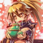  1girl bandages brown_hair disgaea edobox frog kunoichi_(disgaea) long_hair makai_senki_disgaea_2 ninja nippon_ichi pointy_ears ponytail prinny_(series) prinny_~ore_ga_shujinkou_de_iinsuka?~ red_eyes saliva surprised sweatdrop tsukikage 