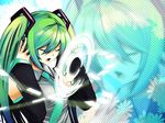  aqua_hair bare_shoulders closed_eyes collared_shirt detached_sleeves green_hair hatsune_miku headphones hologram long_hair long_sleeves music necktie nirai_kanai open_mouth shirt singing sleeveless sleeveless_shirt solo twintails upper_body very_long_hair vocaloid zoom_layer 