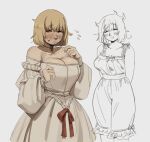  1girl bare_shoulders blonde_hair blush breasts cleavage closed_eyes closed_mouth commentary dress dungeon_meshi falin_touden falin_touden_(tallman) flying_sweatdrops gutalalaman highres large_breasts messy_hair multiple_views short_hair simple_background smile solo sweat white_dress yellow_eyes 