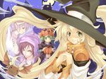  2girls blonde_hair copyright_request green_eyes halloween hat jack-o'-lantern kabocha_(monkey4) long_hair multiple_boys multiple_girls pumpkin pumpkin_hat smile very_long_hair witch_hat 