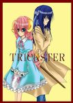  1girl blue_eyes blue_hair bow braid dragon_(trickster) dress horns lowres pink_hair ribbon sheep_(trickster) trickster twin_braids twintails watermark wings 