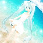  aqua_eyes aqua_hair cloud day dress hair_ribbon hatsune_miku highres kyou_(asatsune0907) long_hair ribbon sand solo twintails very_long_hair vocaloid water 