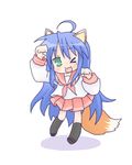  :3 ahoge animal_ears blue_hair chibi fox_ears green_eyes izumi_konata long_hair lowres lucky_star mole mole_under_eye one_eye_closed pink_neckwear ryouou_school_uniform sakuramori_sumomo school_uniform serafuku solo tail 