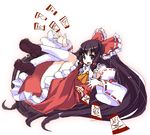  :o ascot bare_shoulders black_hair blush brown_eyes collar detached_sleeves frills full_body hakurei_reimu kaneru kneehighs legs_up loafers long_hair oekaki ponytail ribbon-trimmed_sleeves ribbon_trim shoes simple_background solo touhou very_long_hair white_background white_legwear 