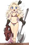  1girl amazon amazon_(dragon's_crown) artist_request axe barefoot bikini blonde_hair blue_eyes blush child dragon&#039;s_crown dragon's_crown ereraero flat_chest loli long_hair solo swimsuit weapon younger 