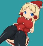  :3 black_legwear blonde_hair blue_eyes blush breasts character_request copyright_request covered_nipples gloves hair_intakes hair_ornament hat large_breasts panties pantyshot pantyshot_(sitting) red_gloves santa_costume santa_hat simple_background sitting solo thighhighs tsukudani_(coke-buta) underwear white_panties 