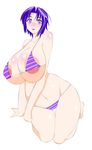  1girl absurdres areolae bikini breasts curvy dondondon3 female highres huge_breasts kneeling large_areolae lipstick makeup navel original purple_bikini purple_eyes purple_hair short_hair simple_background solo string_bikini striped striped_bikini striped_swimsuit swimsuit thigh_gap white_background 