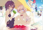  4boys 4girls :o bad_id bad_pixiv_id beach_umbrella bikini black_hair blonde_hair cup drinking_straw green_eyes highres holding innertube long_hair looking_at_viewer multiple_boys multiple_girls original ponytail purple_eyes red_eyes short_hair sitting smile striped striped_bikini striped_swimsuit swimsuit umbrella water yamaoka_(rm_nun) 