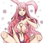  animal_ears between_breasts breasts bunny_ears cleavage large_breasts lips lowres melona navel pink_hair queen's_blade simonadventure sitting solo 