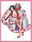  1girl black_hair boa_hancock breasts collarbone earrings high_heels highres jewelry large_breasts leaning_forward legs long_hair looking_at_viewer metalbolic one_piece salome salome_(one_piece) shoes standing wink 
