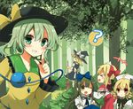  &gt;_&lt; :o ? apron black_hair blonde_hair blush bow broom capelet closed_eyes dress drill_hair forest green_hair hair_bow hat hat_ribbon heart kirisame_marisa komeiji_koishi long_hair long_sleeves luna_child multiple_girls nature open_mouth red_eyes ribbon shiroi_hakuto short_hair short_shorts shorts skirt smile star_sapphire sunny_milk third_eye touhou tree twintails vest wide_sleeves witch_hat yellow_eyes 