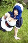  1girl blue_hair cosplay k-a-n-a photo plump red_eyes seikon_no_qwaser solo yamanobe_tomo yamanobe_tomo_(cosplay) 