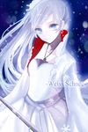  2013 bad_id bad_pixiv_id blue_eyes dated dress earrings hanaka jewelry long_hair myrtenaster necklace ponytail rwby scar side_ponytail snowflakes solo sword weapon weiss_schnee white_hair white_skin 