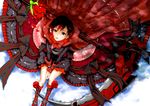  between_legs boots cape crescent_rose dress flower frills from_above looking_up red_flower red_hair red_rose ribbon rose ruby_rose rwby scythe silver_eyes solo weapon yy_nogoro 