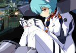  ayanami_rei blue_hair bodysuit city entry_plug maabou neon_genesis_evangelion plugsuit reading red_eyes short_hair solo white_bodysuit 