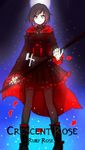  black_hair boots cape character_name crescent_rose dress full_moon gradient_hair light_smile moon multicolored_hair ochiru pantyhose petals red_hair ruby_rose rwby short_hair silver_eyes snow solo weapon weapon_name 