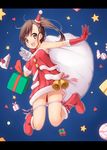  bad_id bad_pixiv_id bare_shoulders blush boots breasts brown_eyes brown_hair cake chika_(orange_pop) dress fishnet_legwear fishnets food futami_mami gift gloves hat idolmaster idolmaster_(classic) jumping looking_at_viewer open_mouth red_gloves sack santa_costume santa_hat short_hair side_ponytail small_breasts smile solo thigh_strap thighhighs 