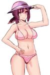  bikini breasts cleavage drawfag hair_ribbon hand_on_hip hat hoshizora_ikuyo large_breasts long_hair navel pink_eyes ponytail precure purple_hair ribbon smile smile_precure! solo sun_hat swimsuit 