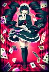  1girl black_border black_hair black_legwear bonnet border card celestia_ludenberck checkered checkered_background danganronpa danganronpa_1 drill_hair gothic_lolita lolita_fashion long_hair necktie playing_card red_eyes smile solo thighhighs twin_drills twintails 