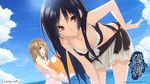  ball beachball bent_over black_hair blue_sky brown_hair cloud copyright_name day frills hand_on_hip highres houri_miyako lens_flare long_hair multiple_girls official_art open_mouth orange_eyes red_eyes senmu sky smile swimsuit very_long_hair yagiura_nagi yume_ka_utsutsu_ka_matryoshka 