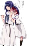  blue_hair blush hirose_sumire hiyo_kotori holding_hands long_hair miyanaga_teru multiple_girls red_hair saki shiraitodai_school_uniform short_hair translation_request yuri 