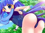  aoki_reika ass back breasts choker cloud cure_beauty day earrings forest g-mero head_wings highres jewelry long_hair looking_back magical_girl medium_breasts nature one-piece_swimsuit precure school_swimsuit sky smile_precure! solo swimsuit tiara tree 